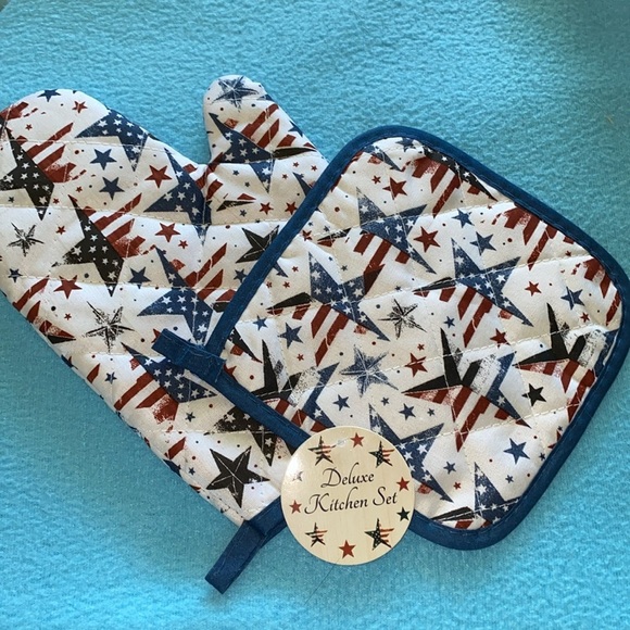DELUXE KITCHEN SET Oven mitt and hot pad red white blue stars stripes size OSFA - Picture 3 of 7